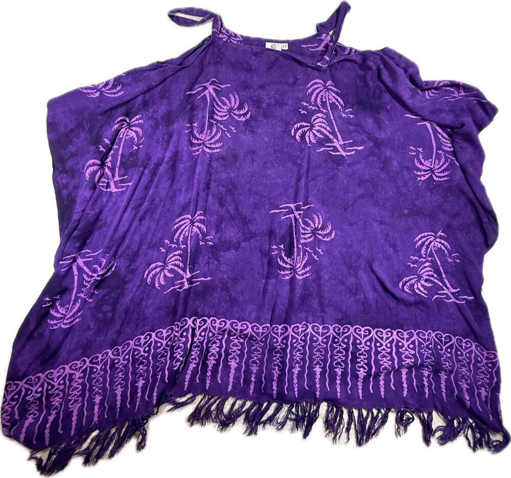 Pineapple Moon Purple Palm Tree Print Sarong Cover-Up with Fringe